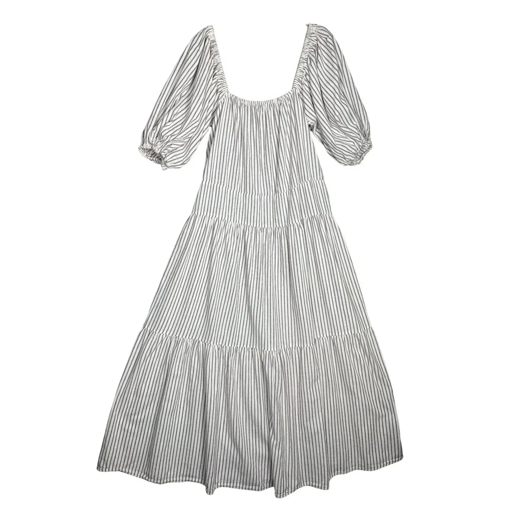 ASOS Womens Coastal Tiered Puff Sleeve Maxi Dress Striped White Size 8 Cotton - Picture 2 of 12